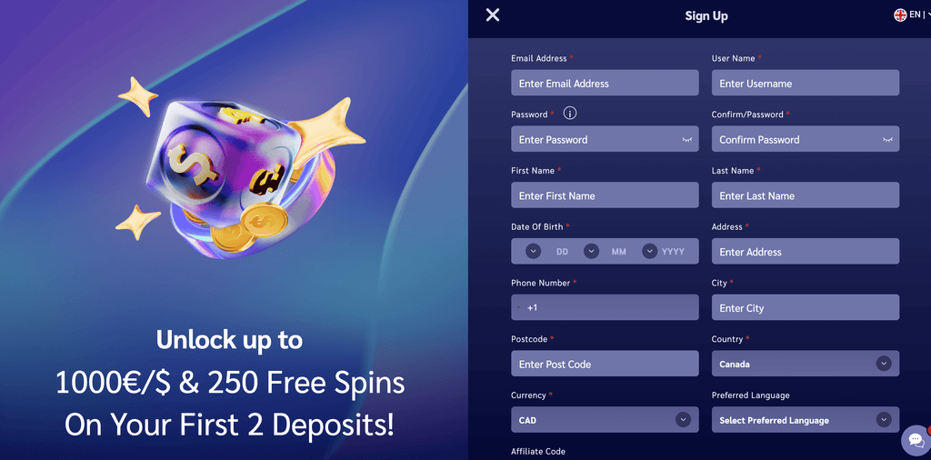 how to register on shinywilds casino