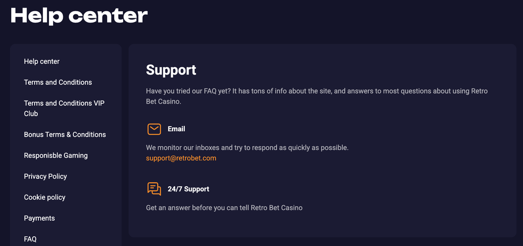 retrobet casino customer support